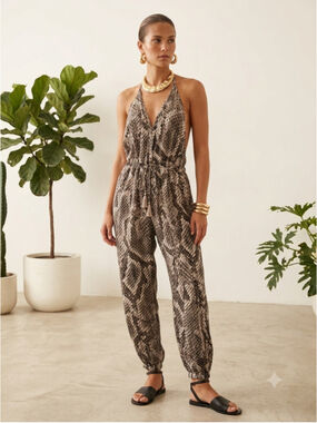 Olivaceous Snake Print Halter Jumpsuit L Backless Boho Chic Tassel Drawstring Jo